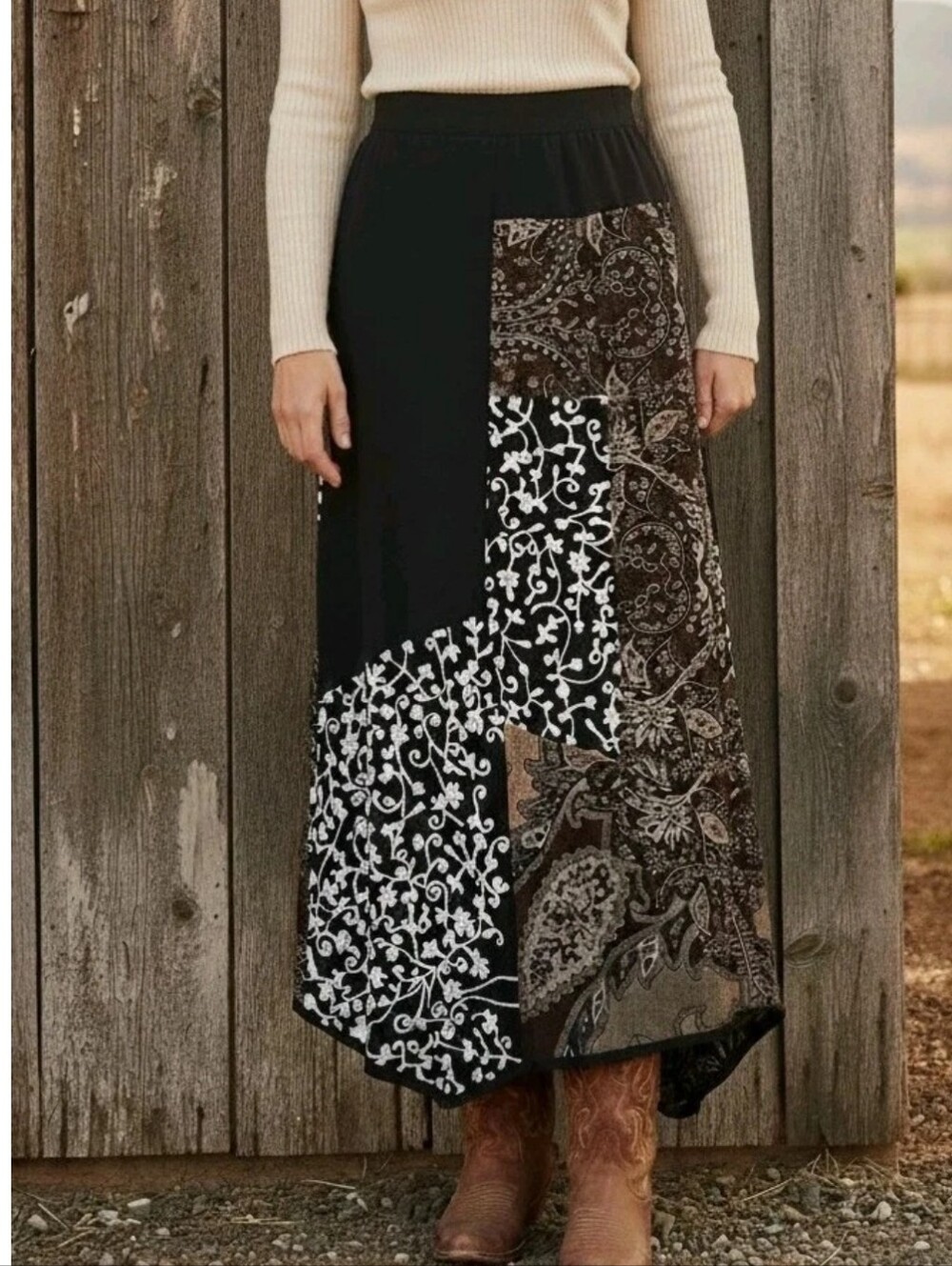 Boho Patchwork Wool Blend Wrap Maxi Skirt Cowgirl